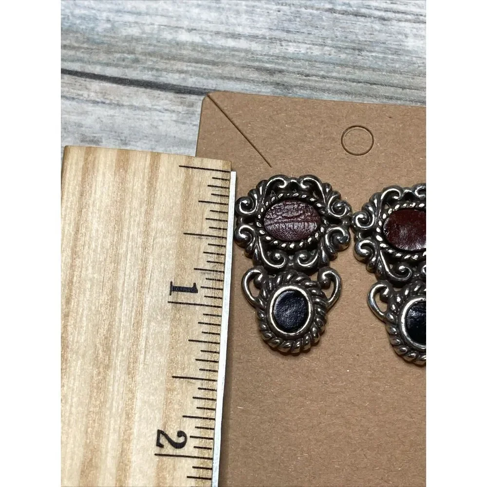 Brighton Retired Leather Black Brown EARRINGS Silver Tone‎
